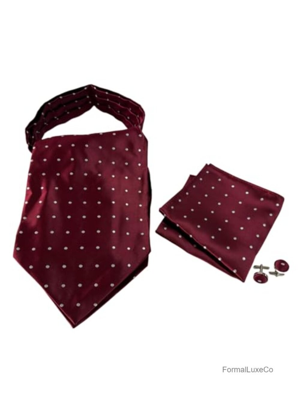 Men Polka Dot Ascot Cravat Set with Pocket Square Cufflinks Wedding